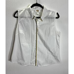 Talbots White Sleeveless Button Front Cotton Blouse Stripe Trim Womens M Y2K